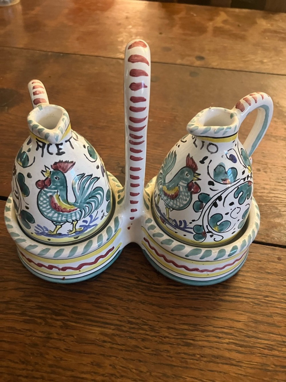 Italian, Hand-Painted Ceramic Rooster Oil & Vinegar Cruet Set - White